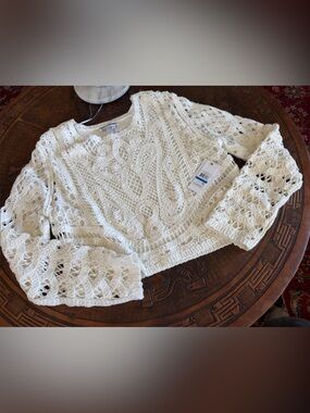 DKNY Ivory Open-Weave Cable Crewneck Sweater